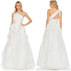 Mac Duggal 49541 Jewel Broach One Shoulder Cascade Layered Gown, White, Size 4